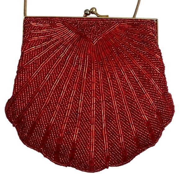 Partners Handbags - Partners Red Beaded Shell Evening Bag Gold Snake Chain Kiss Lock Clutch Vintage